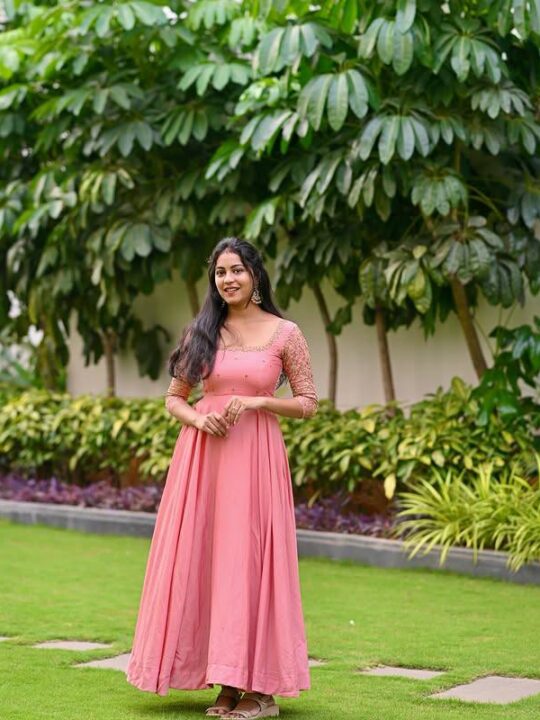 Embroidered Chinnon Anarkali dress with Jari work and full lining – front view