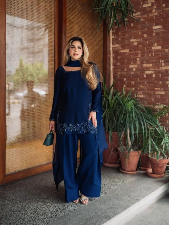 Designer Crepe Silk Suit Set Front View