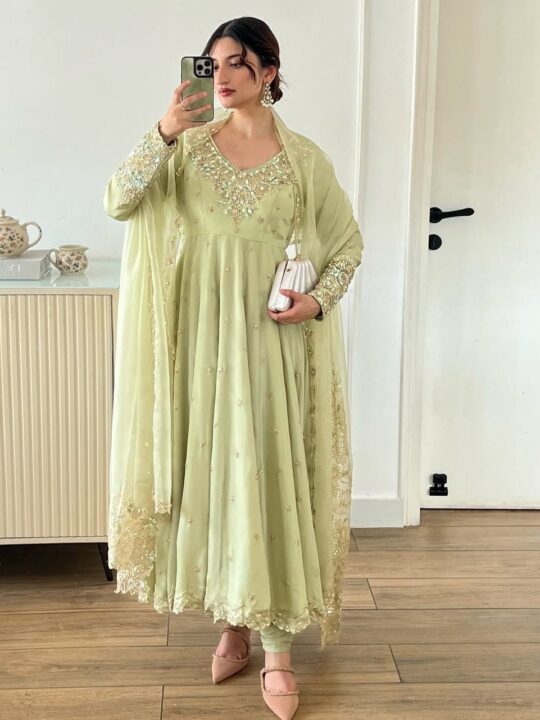 Designer embroidered georgette party gown with dupatta by Pramukhmart