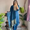 Elegant embroidered Roman silk kurti pant dupatta set for women – Pramukhmart