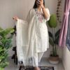 Front view of white khadi cotton kurti with floral embroidery