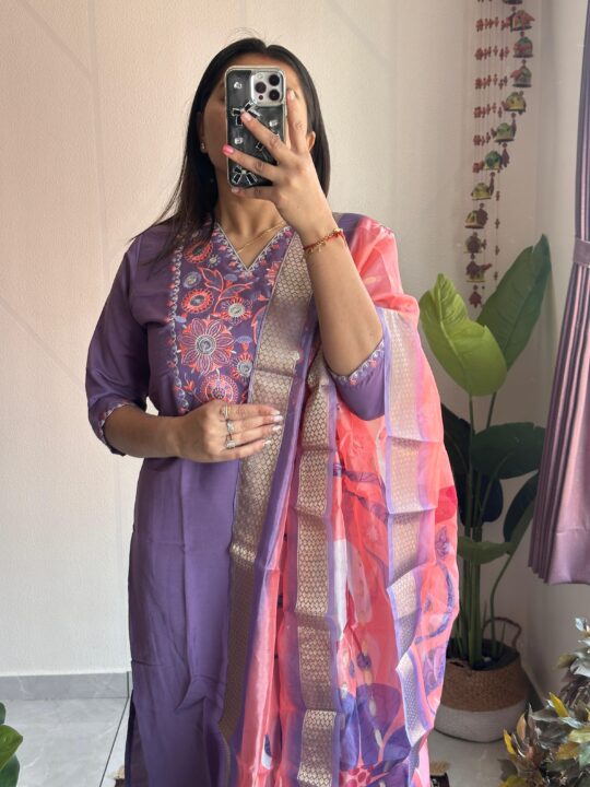Embroidered violet kurti with cotton lining and tassels