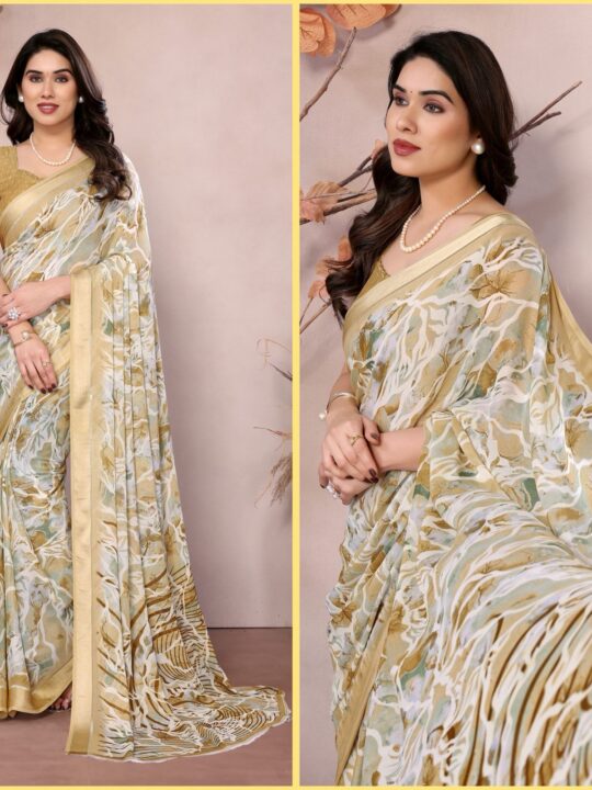 Bright Moss Satin Printed Saree with Blouse – Front View