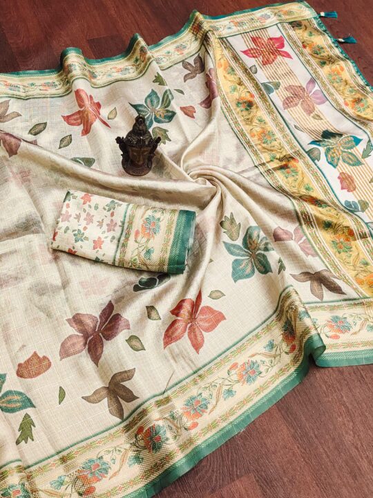 Soft munga silk saree with digital floral print and Banarasi border
