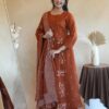 Woman wearing Anarkali cotton kurta set with printed pant and malmal dupatta – Pramukhmart