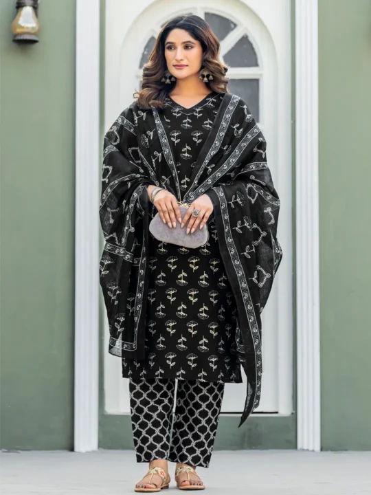 Woman wearing premium cotton kurti pant dupatta set – Pramukhmart