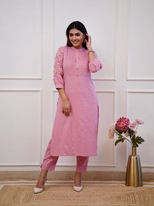 Cotton Kurta Set with Embroidery and Pintuck for Women