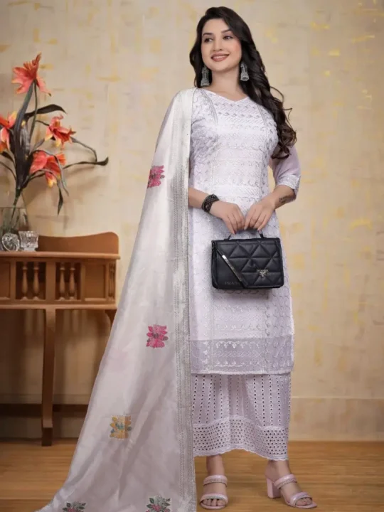 Front view of chikankari kurti set with jacquard dupatta