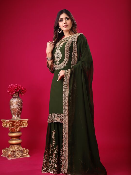 Detailed embroidery on top and sharara with lace dupatta