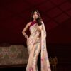 Satin silk saree with floral print and pearl lace border from Pramukhmart