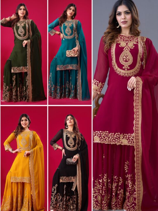Front view of embroidered Sharara set for women in faux georgette