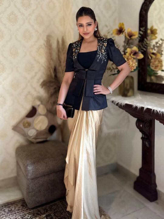 Three piece western outfit with sequin blazer and dhoti for women