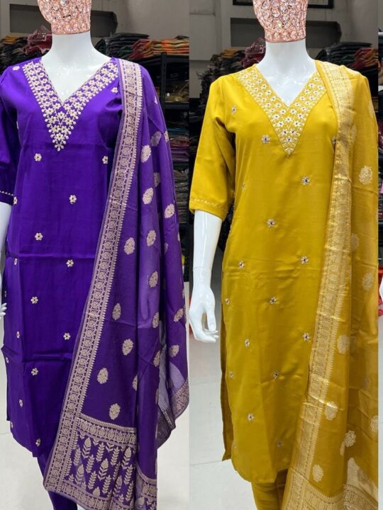 Cotton silk kurti set with embroidery