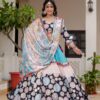 Front view of foil print crepe silk lehenga choli set