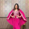 Three-piece Indo Western dhoti set for women with embroidered blouse and koti in chinon fabric