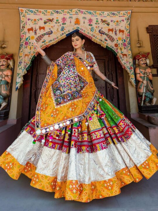 Butter silk lehenga choli with digital print and mirror work – Pramukhmart