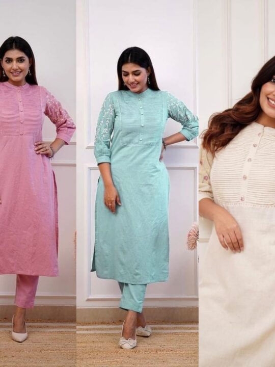 Cotton Kurta Set with Embroidery and Pintuck for Women