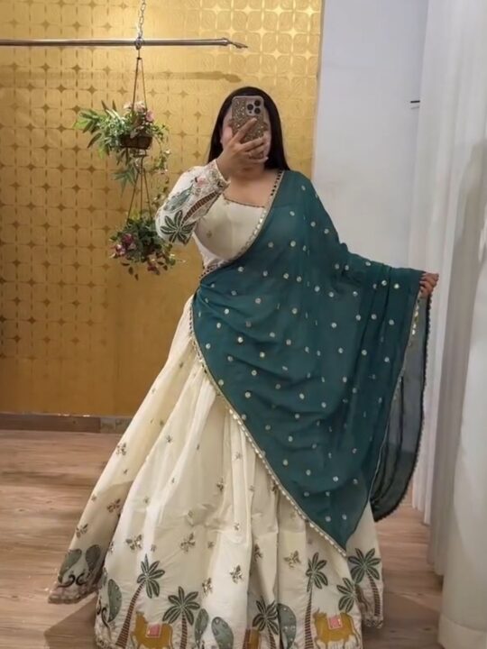 Front view of cotton embroidered lehenga choli set by Pramukhmart