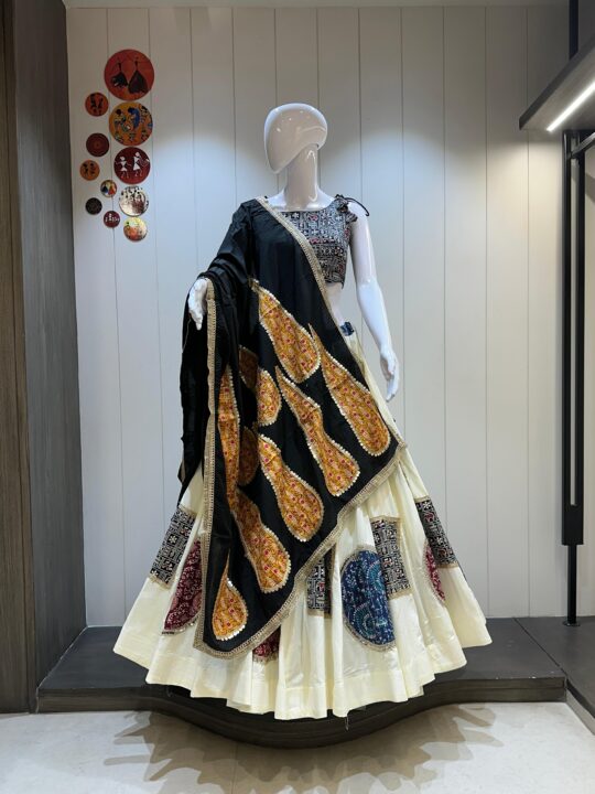 lehenga choli with ajrakh patchwork front view