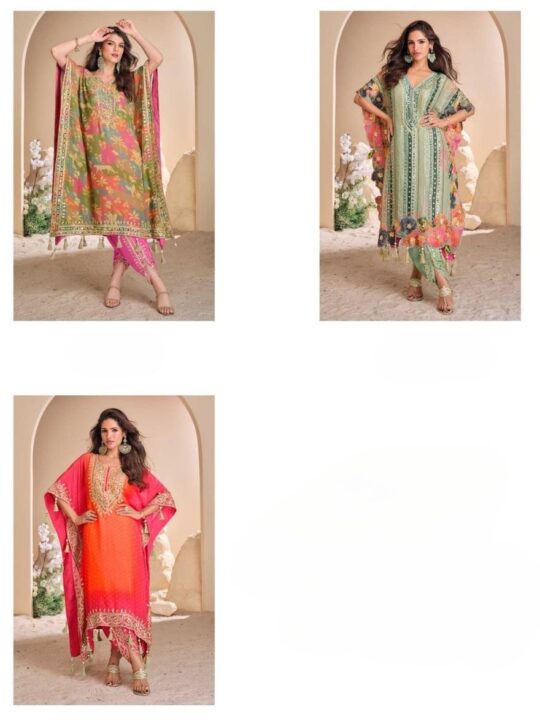Kaftan Kurti with Pants in Silk featuring hand mirror and Gota Patti work