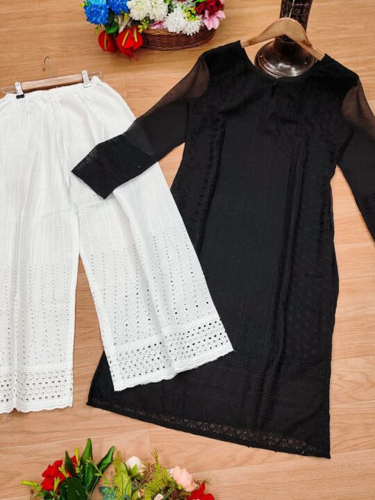 Premium chikankari georgette top with palazzo – Front View