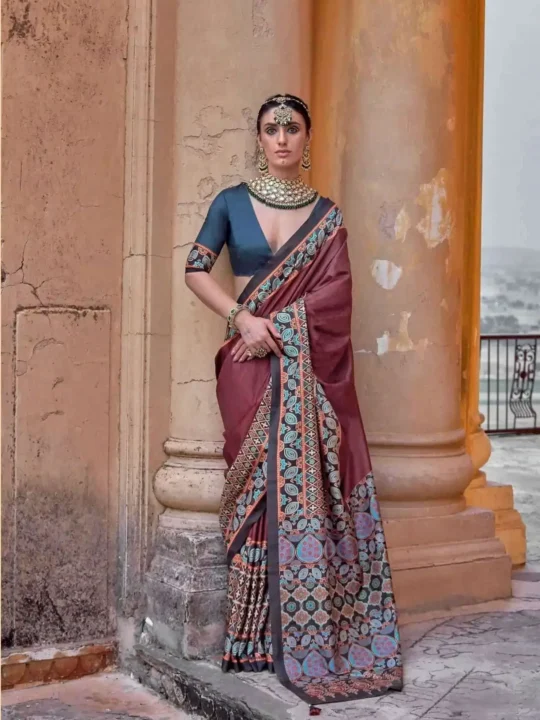 "Traditional Ajrakh Saree in Soft Silk Fabric"