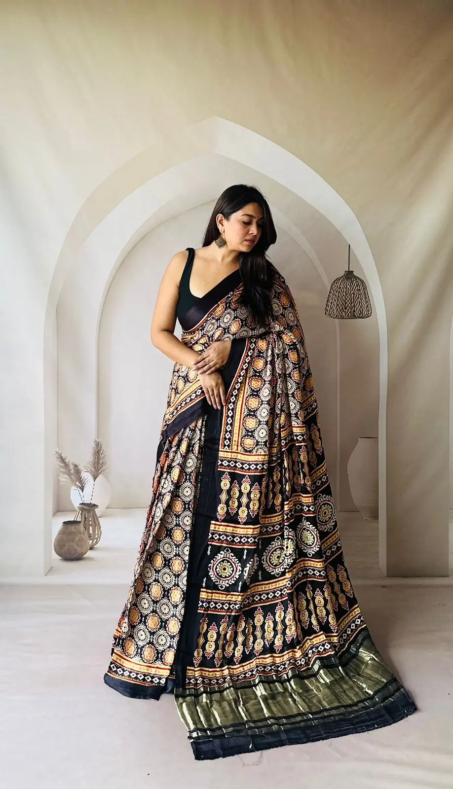 New Gajji Silk Saree in [Color] with an all-over Ajrakh print and a contrasting Lagadi Patta pallu.