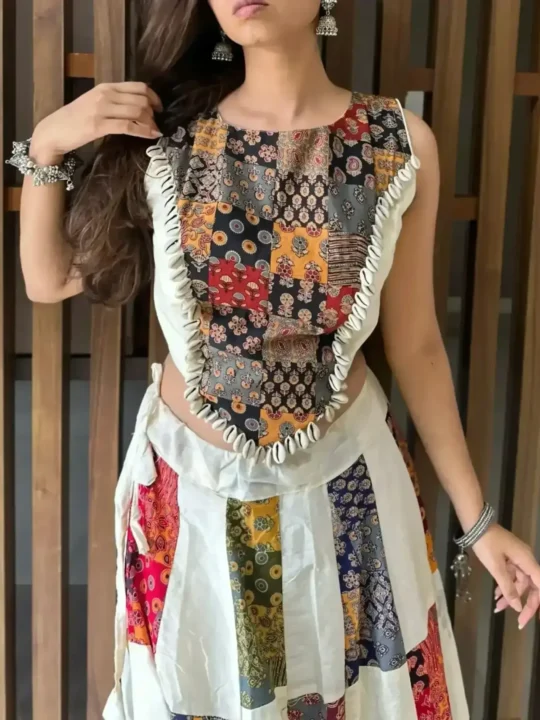 Close-up of Hand Stitched Shells on Ajrakh Cotton Blouse