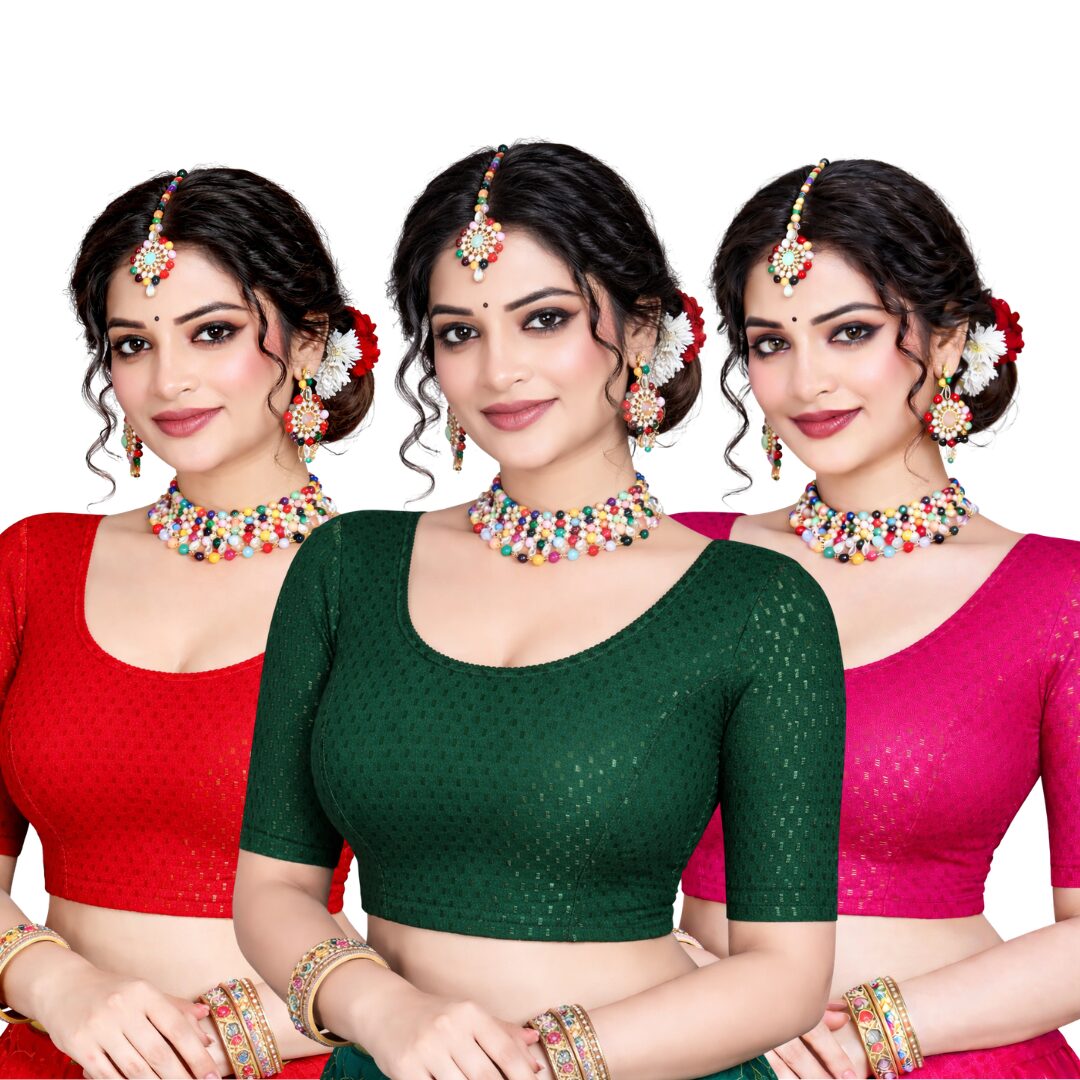 Stretchable Blouse Green, Pink And Red Combo (Pack of 3)