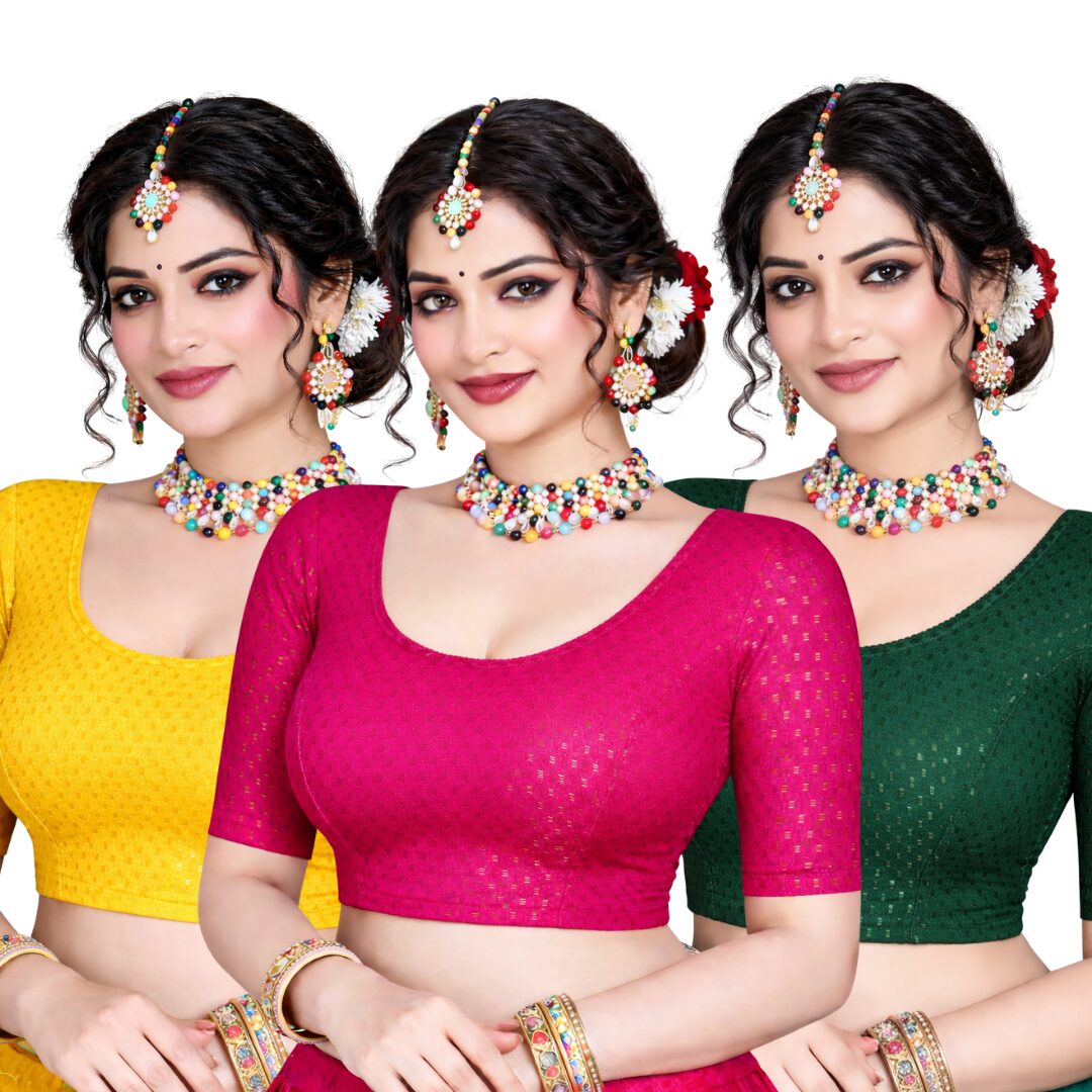 Stretchable Blouse Green, Yellow And Pink Combo (Pack of 3)